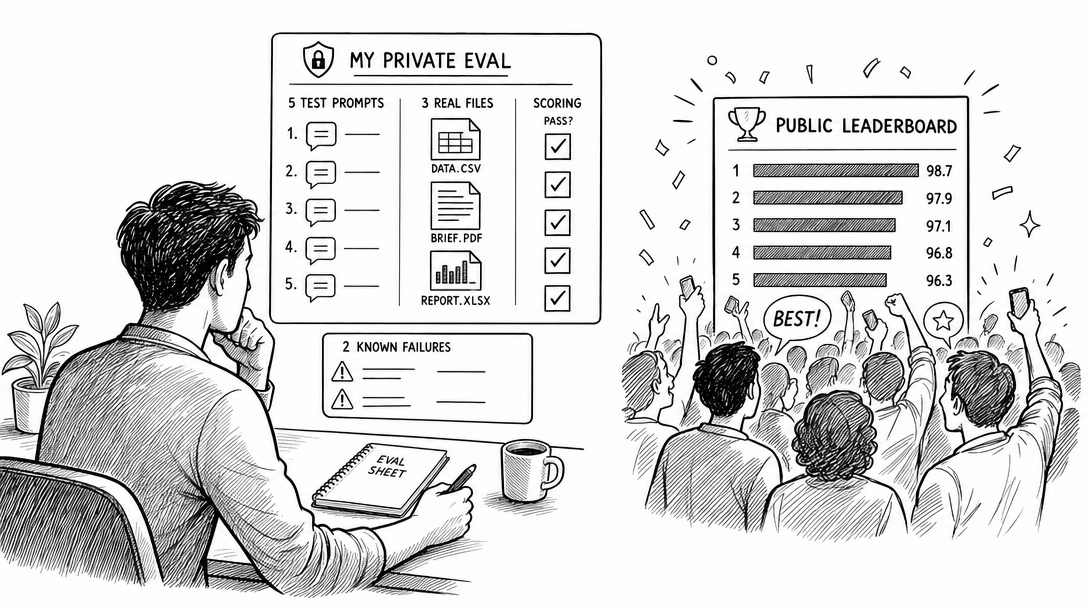 Black-and-white line art of a tiny private evaluation worksheet with five real prompts, three example files, and a scored result column.