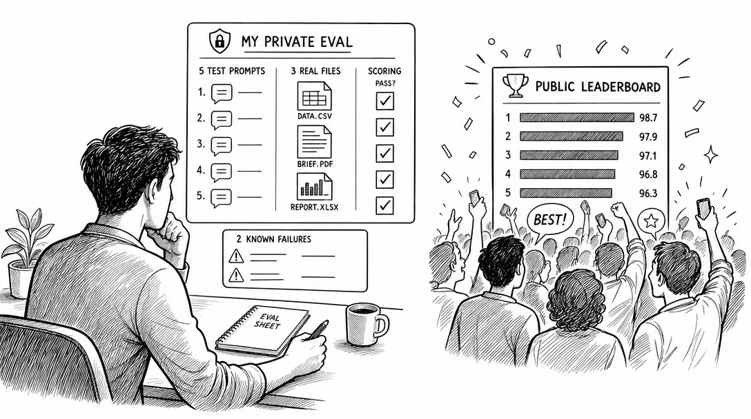 Black-and-white line art of a tiny private evaluation worksheet with five real prompts, three example files, and a scored result column.
