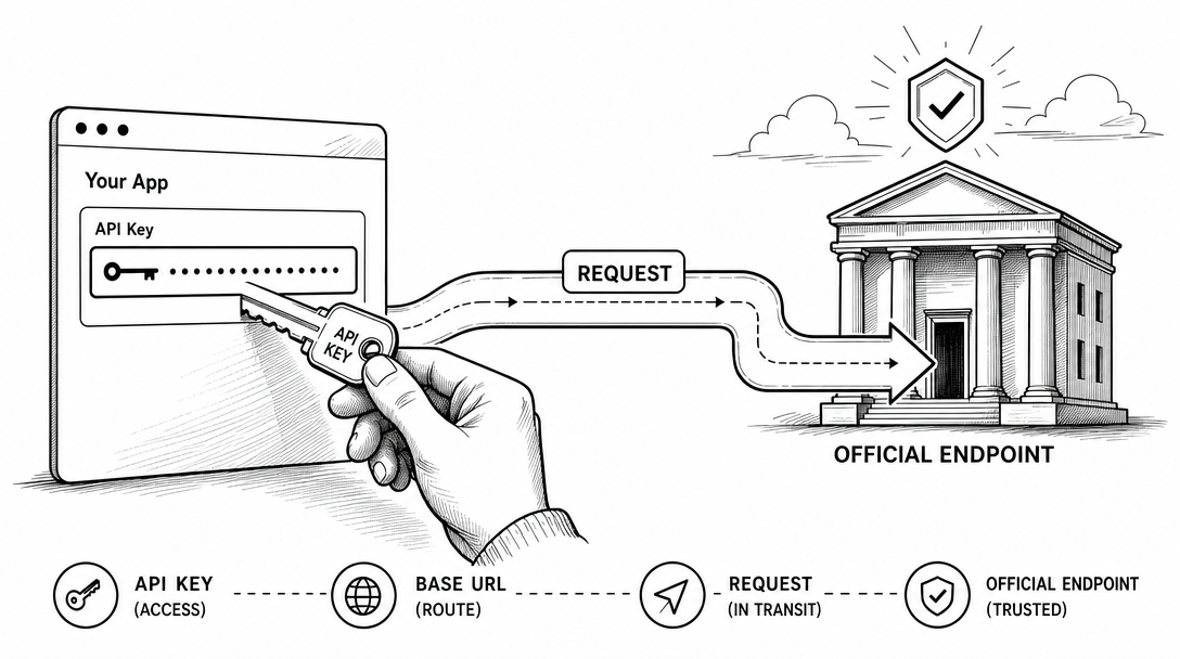 Black-and-white line art of an API key sending a request along a clearly marked path to the official endpoint.