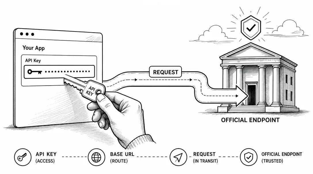 Black-and-white line art of an API key sending a request along a clearly marked path to the official endpoint.