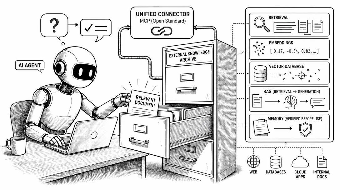 Black-and-white line art of an agent retrieving a relevant document from a labeled archive cabinet through a unified connector.