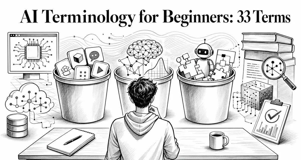Black-and-white line art cover for a beginner AI terminology guide that filters 33 jargon terms into learn-now, learn-later, and ignore-for-now buckets.
