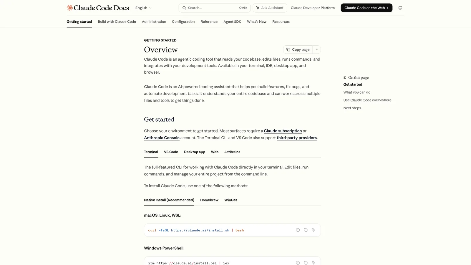 Claude Code documentation overview page describing the agentic coding tool