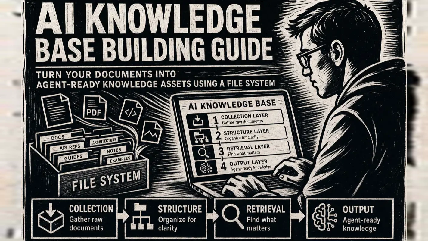 AI knowledge base building guide cover showing the four layers collection, structure, retrieval, and output