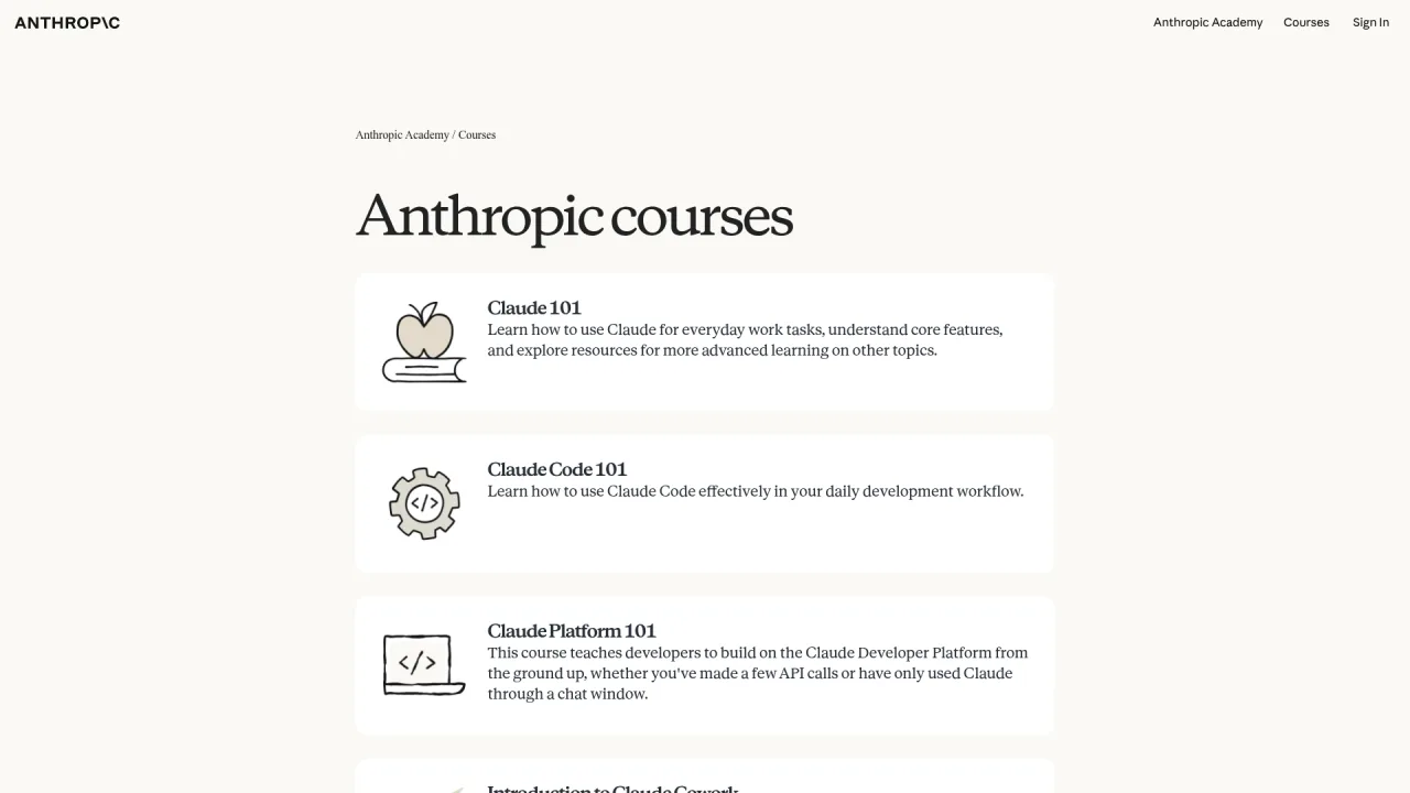 Anthropic Academy course catalog with Claude 101 and Claude Code lessons