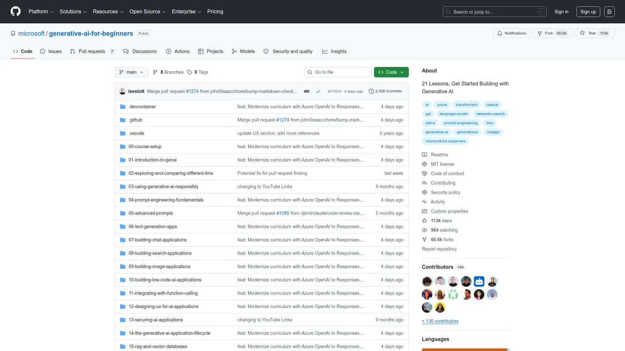 Microsoft Generative AI for Beginners GitHub repository with 113k stars