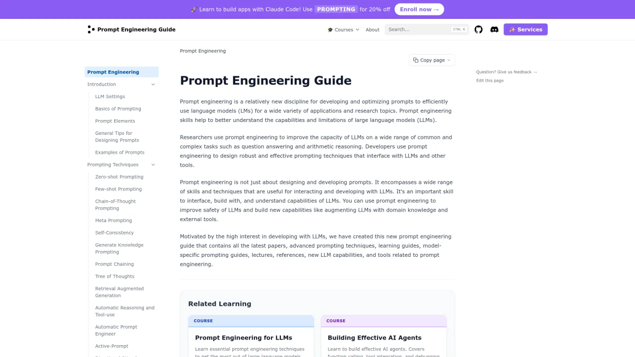 Prompt Engineering Guide documentation homepage and technique sidebar