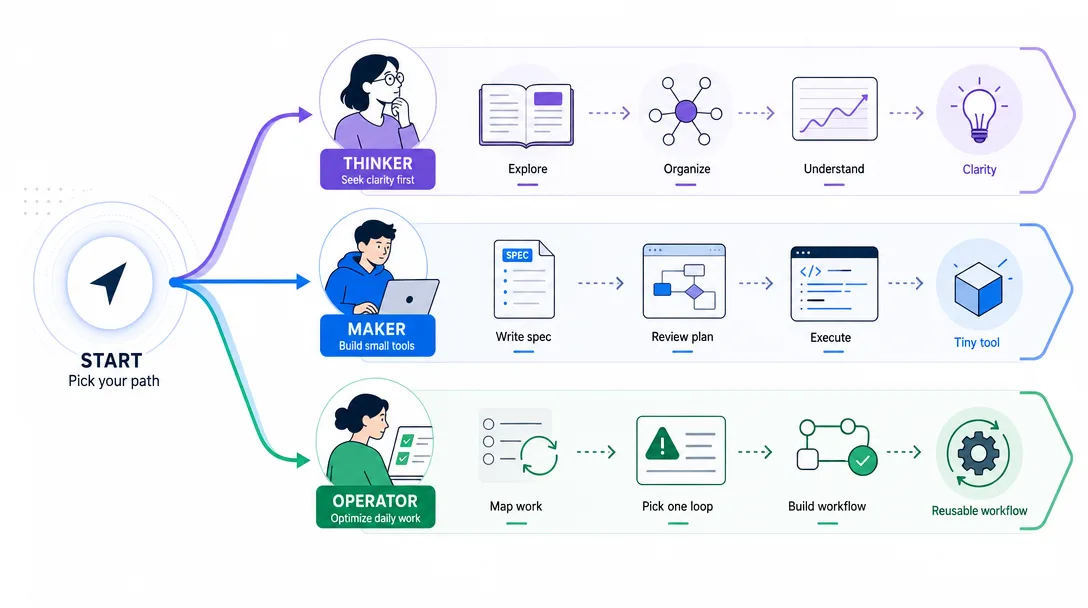 Data visualization of three beginner paths through the AI roadmap for thinkers, makers, and one-person operators.
