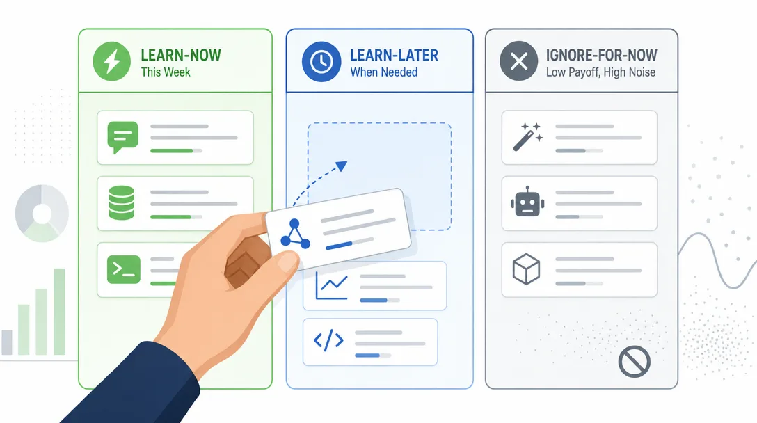 Data visualization of a triage filter sorting AI topics into learn-now, learn-later, and ignore-for-now buckets.