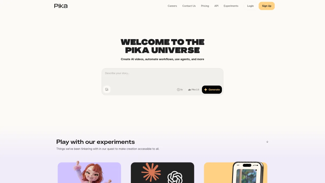 Pika 2.5 text-to-video interface with a story prompt box