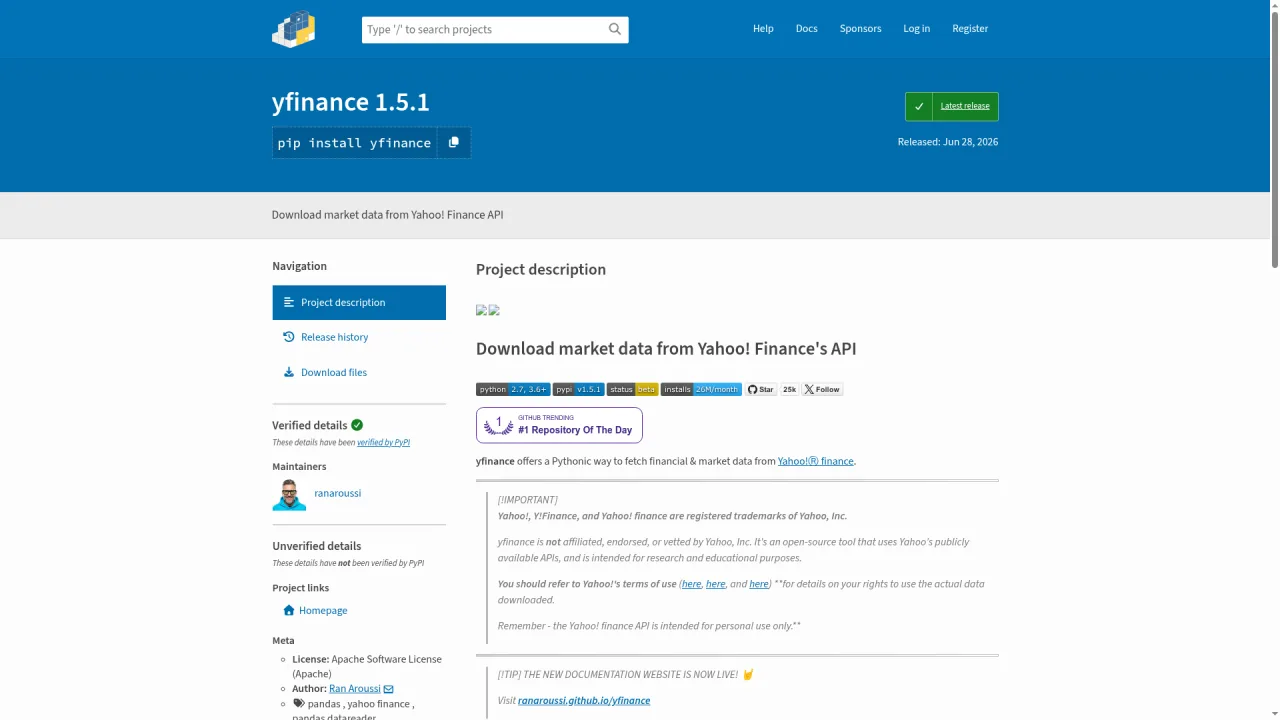 yfinance PyPI page, the Python library used to pull Yahoo Finance market data