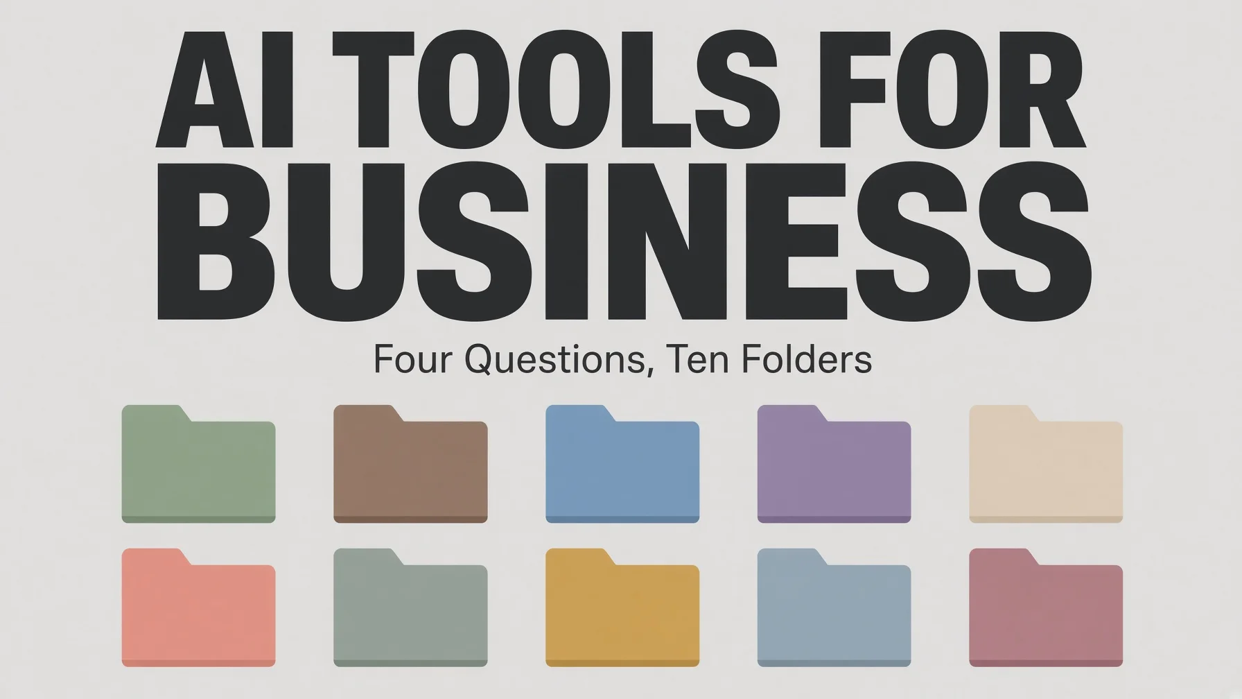 Four questions on the left mapping to ten labeled business folders on the right, in modular cartoon style