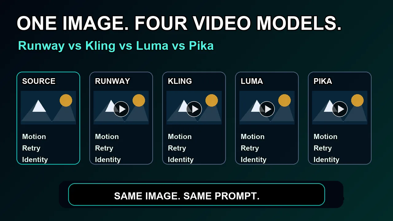 AI video tool comparison of Runway, Kling, Luma, and Pika from one source image