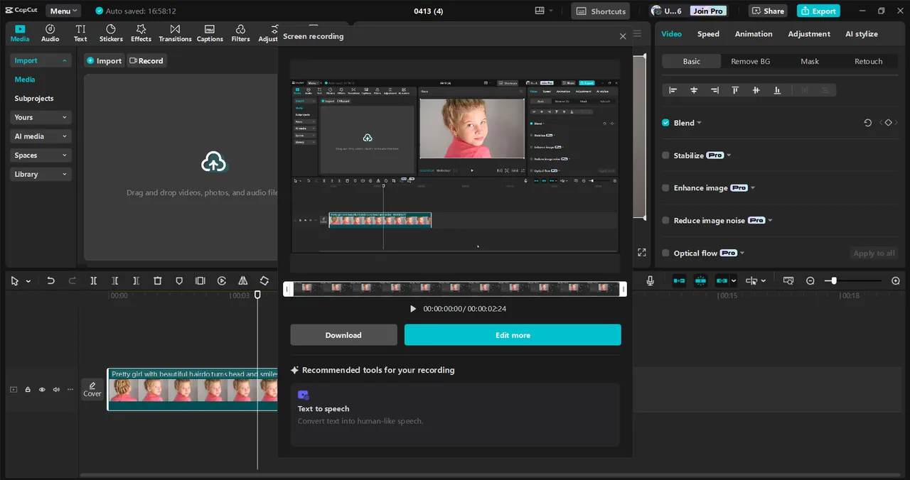 CapCut desktop video editor interface with timeline and editing panels