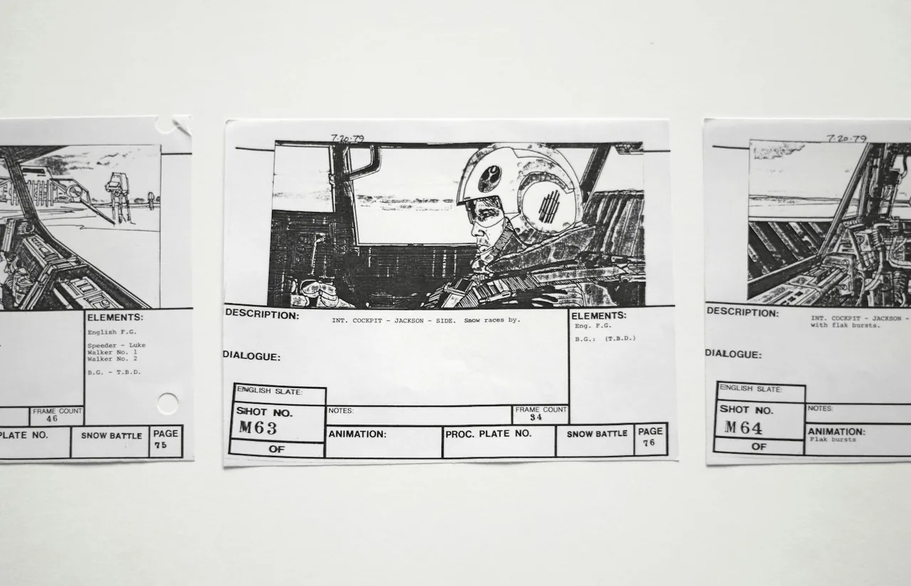 Film storyboard sheets showing shot numbers, descriptions, and frame counts