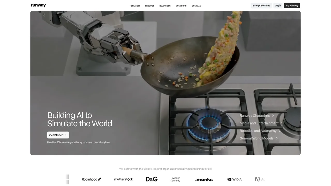 Runway AI video platform homepage featuring Runway Characters