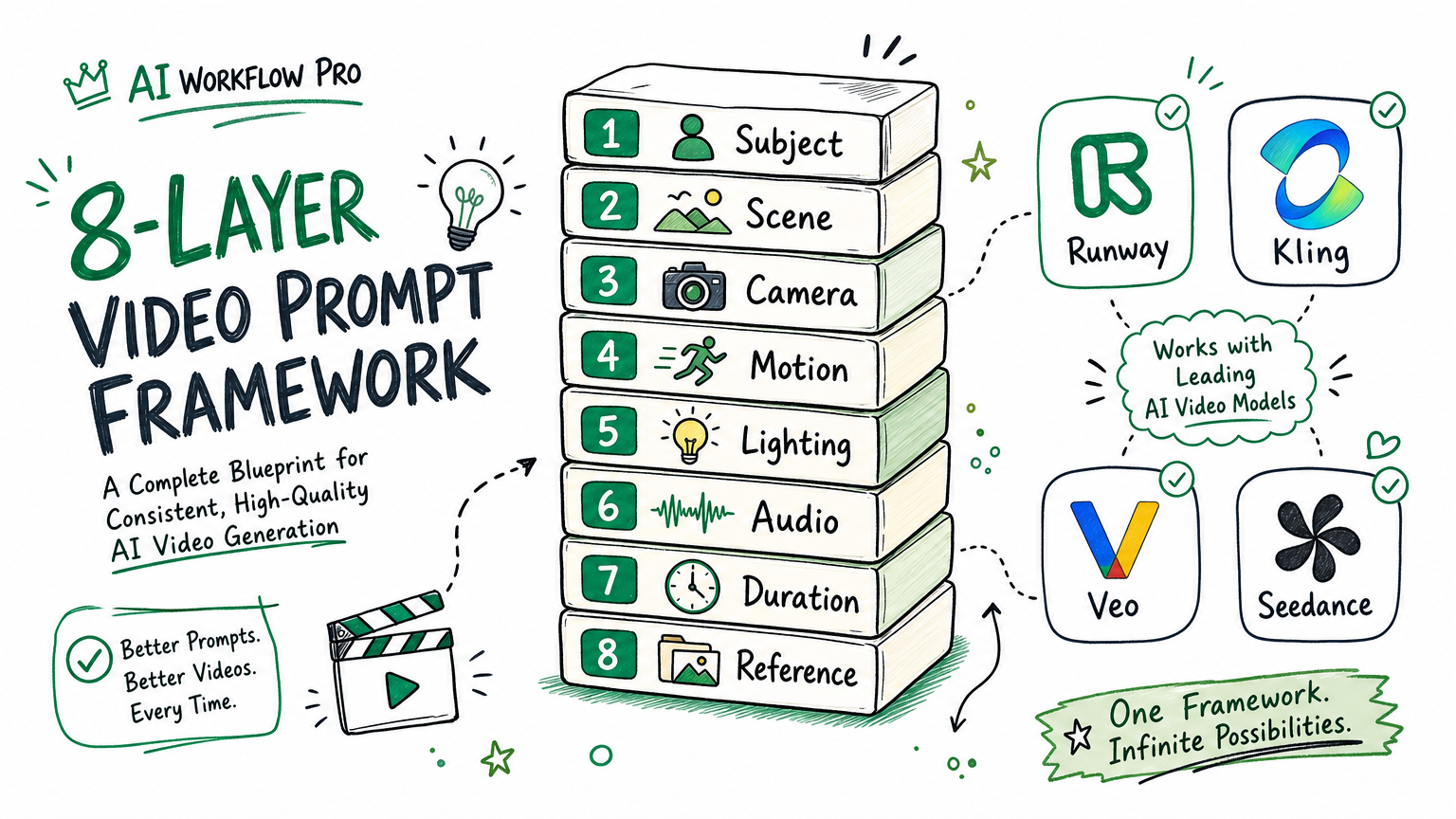 AI Video Prompt Framework 8-layer template covering Runway, Kling, Veo, and Seedance