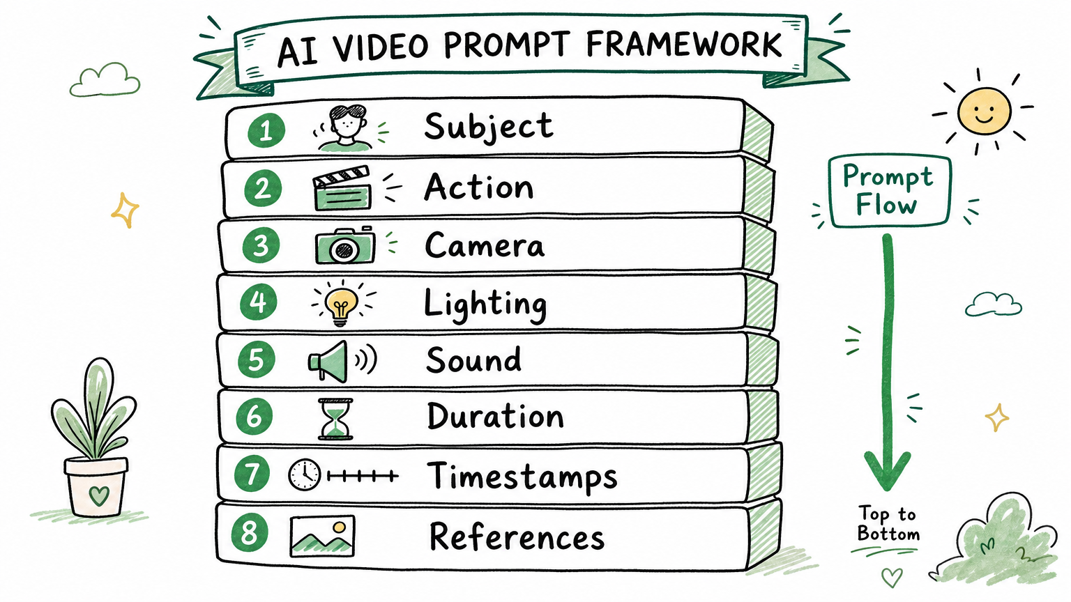 Eight-layer AI video prompt framework overview diagram
