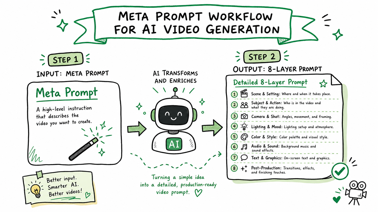 Meta prompt workflow for AI video prompt generation