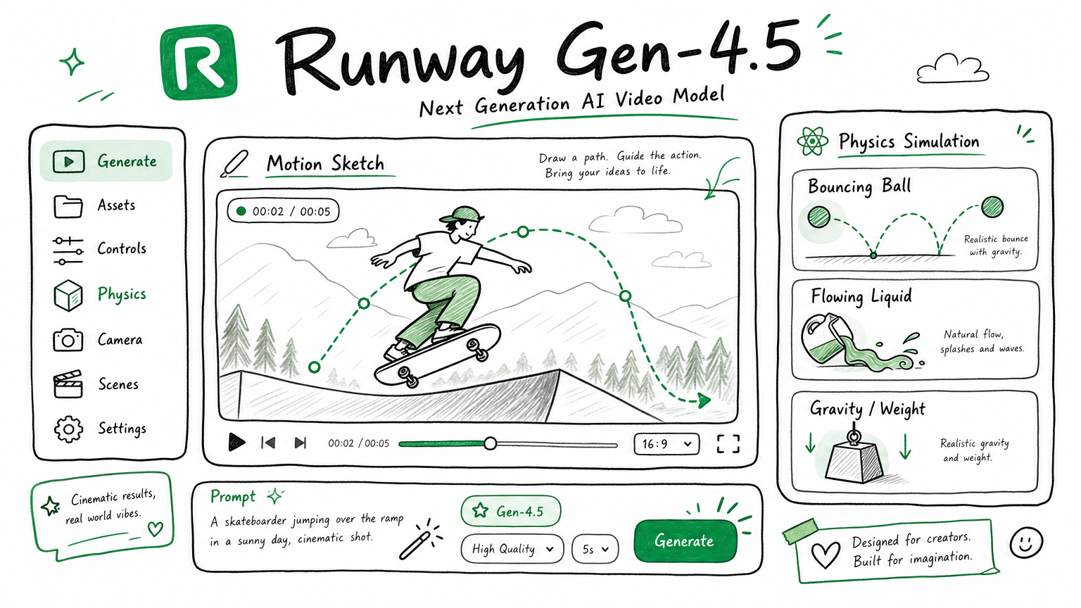 Runway Gen-4.5 physics simulation and motion sketch capabilities