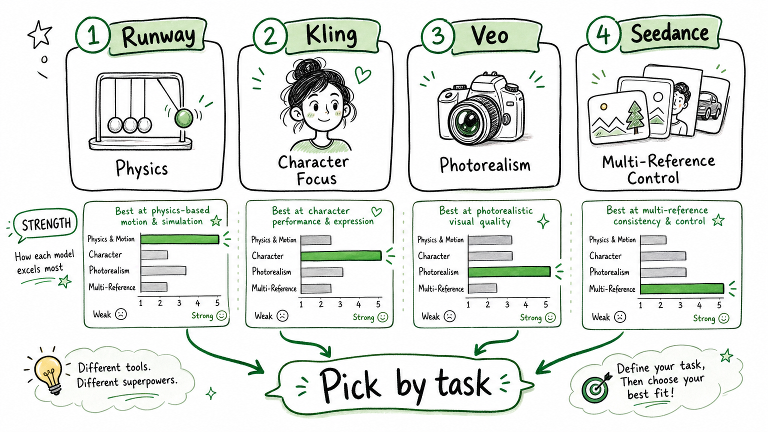 Runway, Kling, Veo, and Seedance comparison by task type