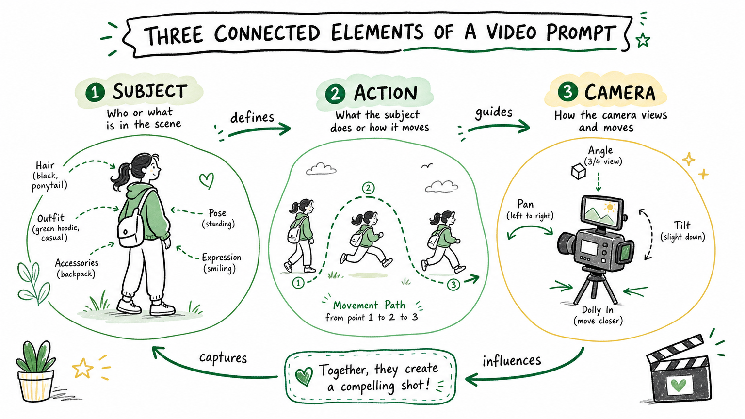 Subject, action, and camera prompt elements working together