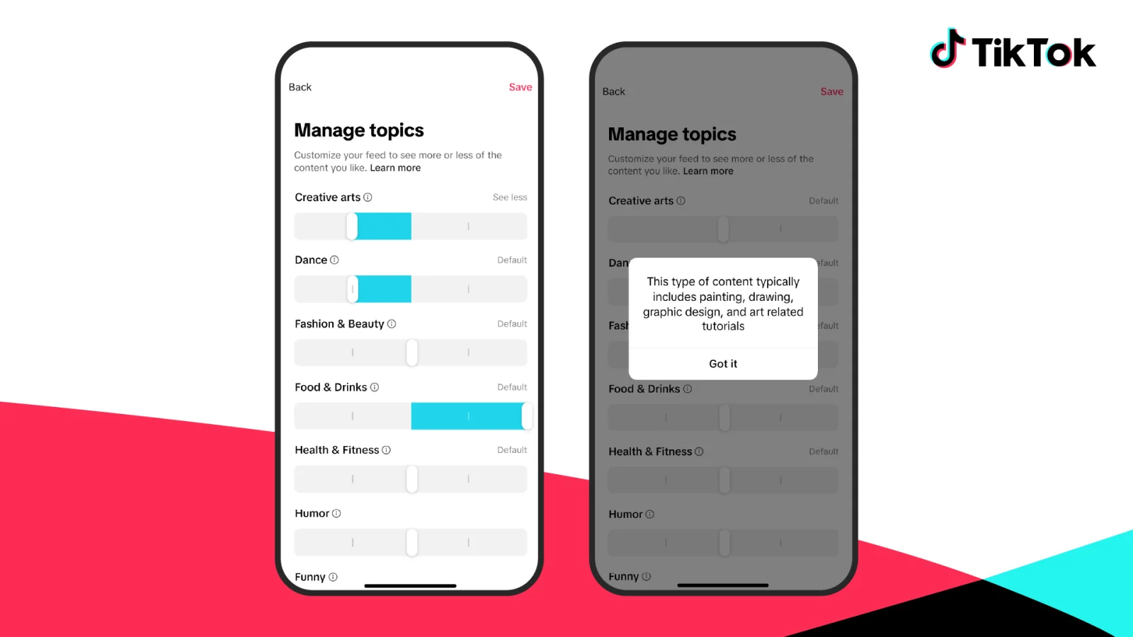 TikTok Manage Topics controls for personalizing the For You feed