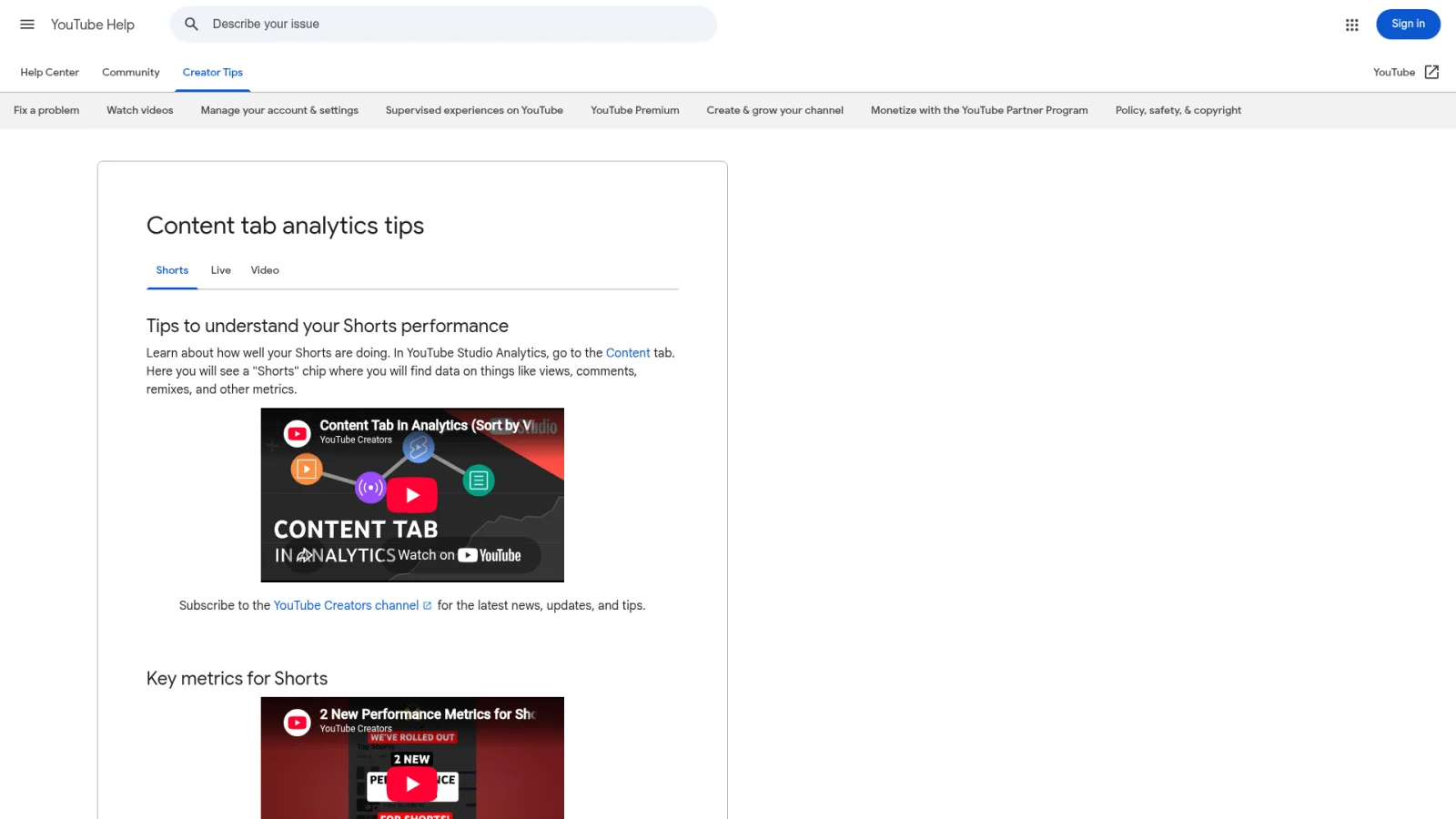 YouTube Help page for reviewing Shorts analytics and key metrics