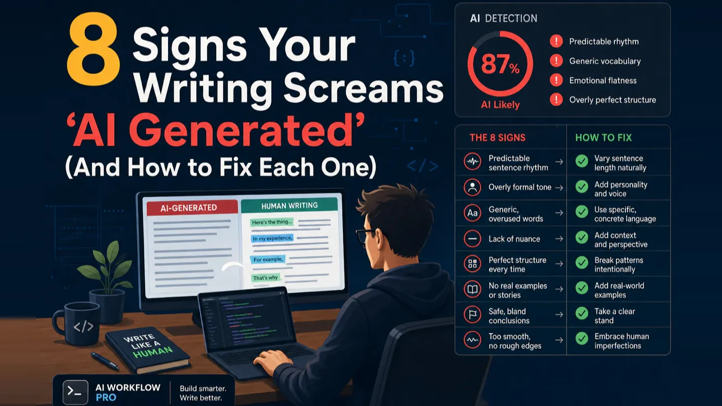 The 8 signs of AI-generated writing with an AI detection gauge and fixes