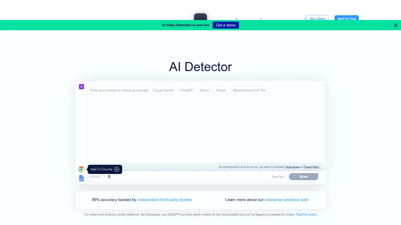 Copyleaks AI content detector paste and scan interface