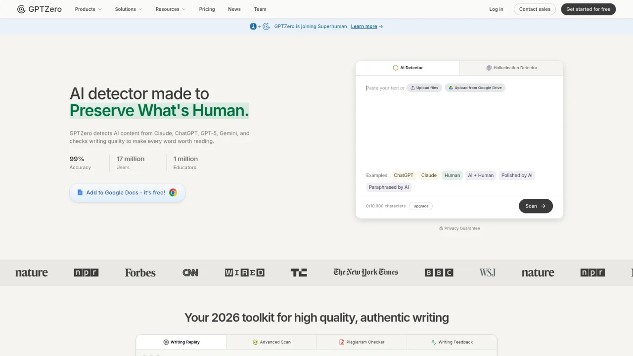 GPTZero AI detector interface showing its 99 percent accuracy claim