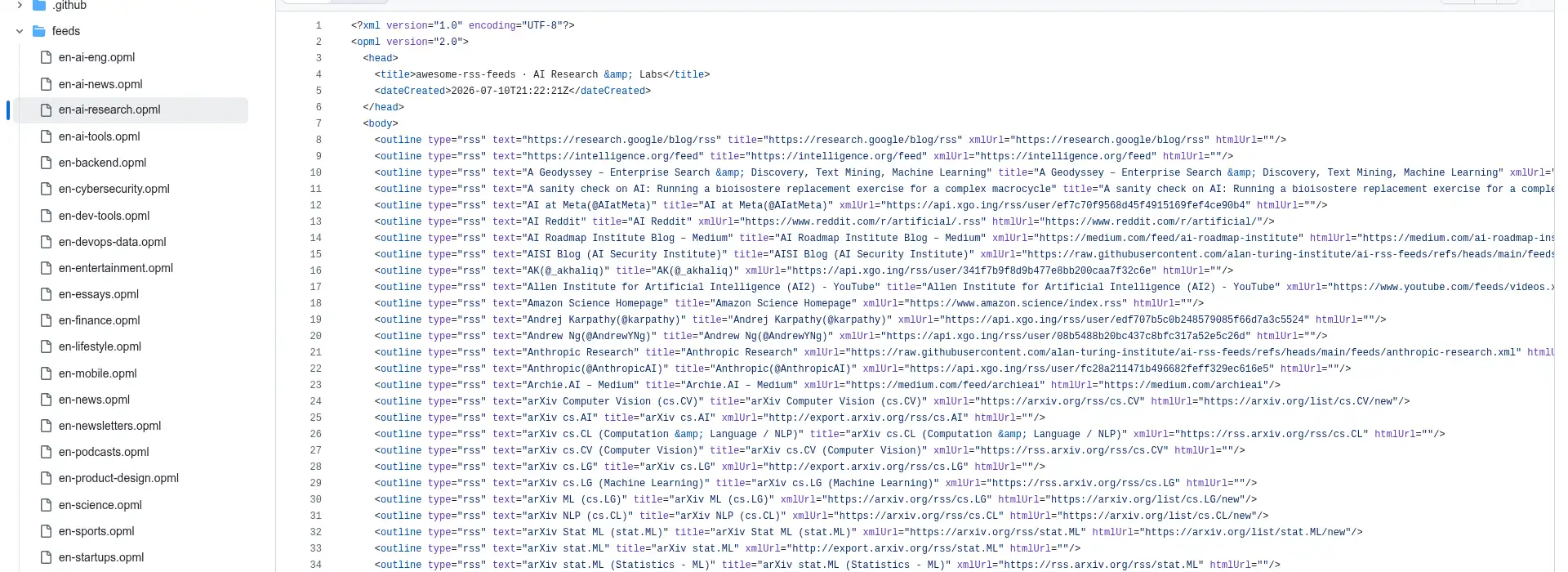 AI research OPML file with curated RSS feed entries on GitHub