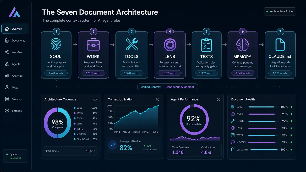 Seven documents per occupation role: SOUL, WORK, TOOLS, LENS, TESTS, MEMORY, CLAUDE.md