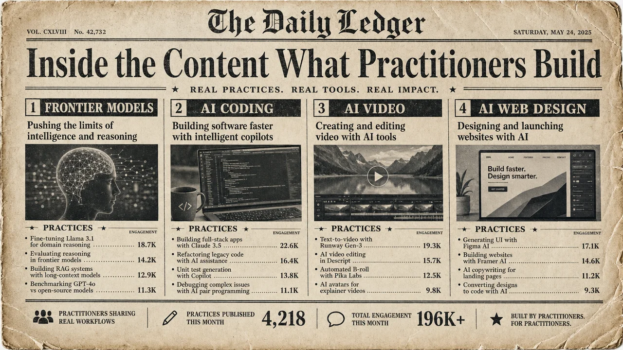 Four practice categories: Frontier Models, AI Coding, AI Video, AI Web Design