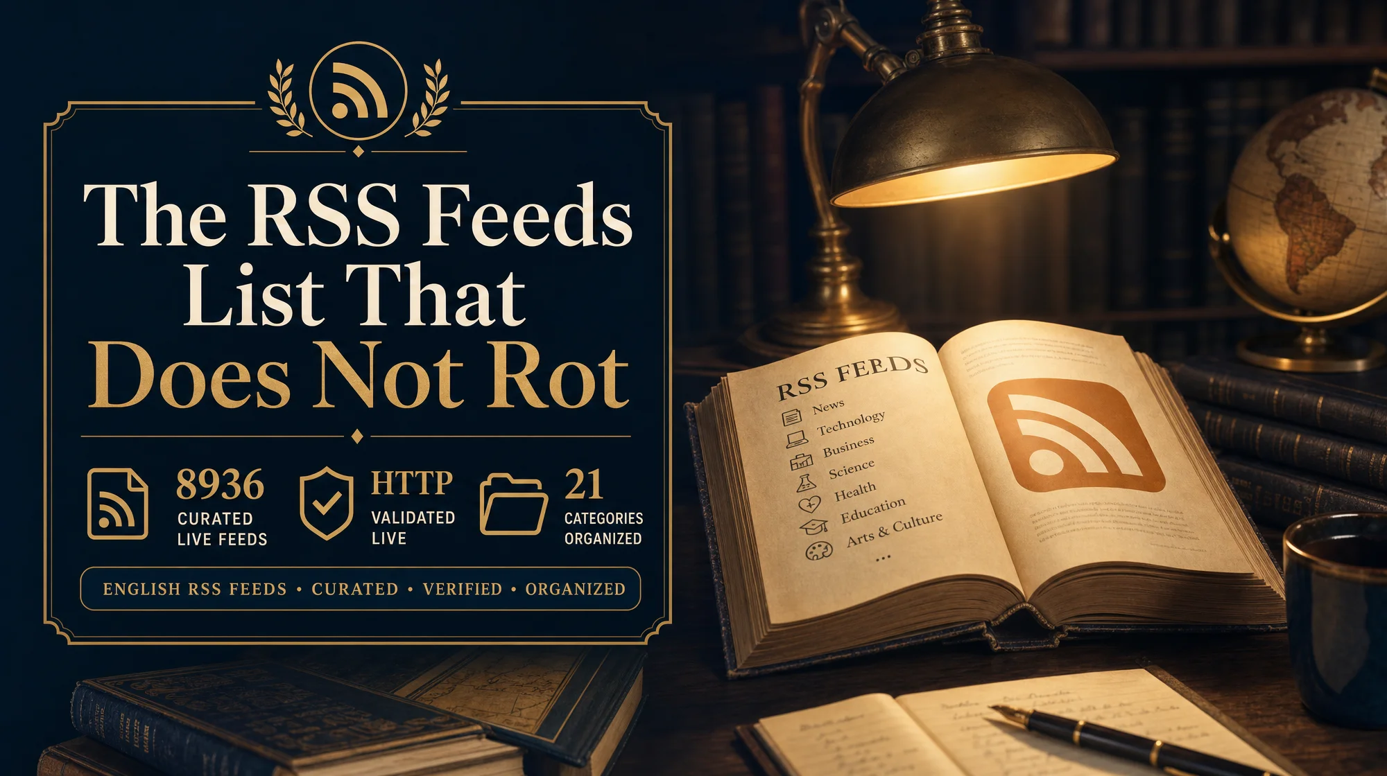 Curated RSS feeds collection with 8936 validated sources across 21 categories