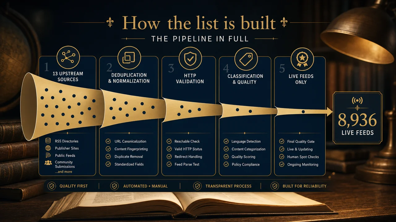 Feed validation pipeline from 13 upstream sources to 8936 live feeds