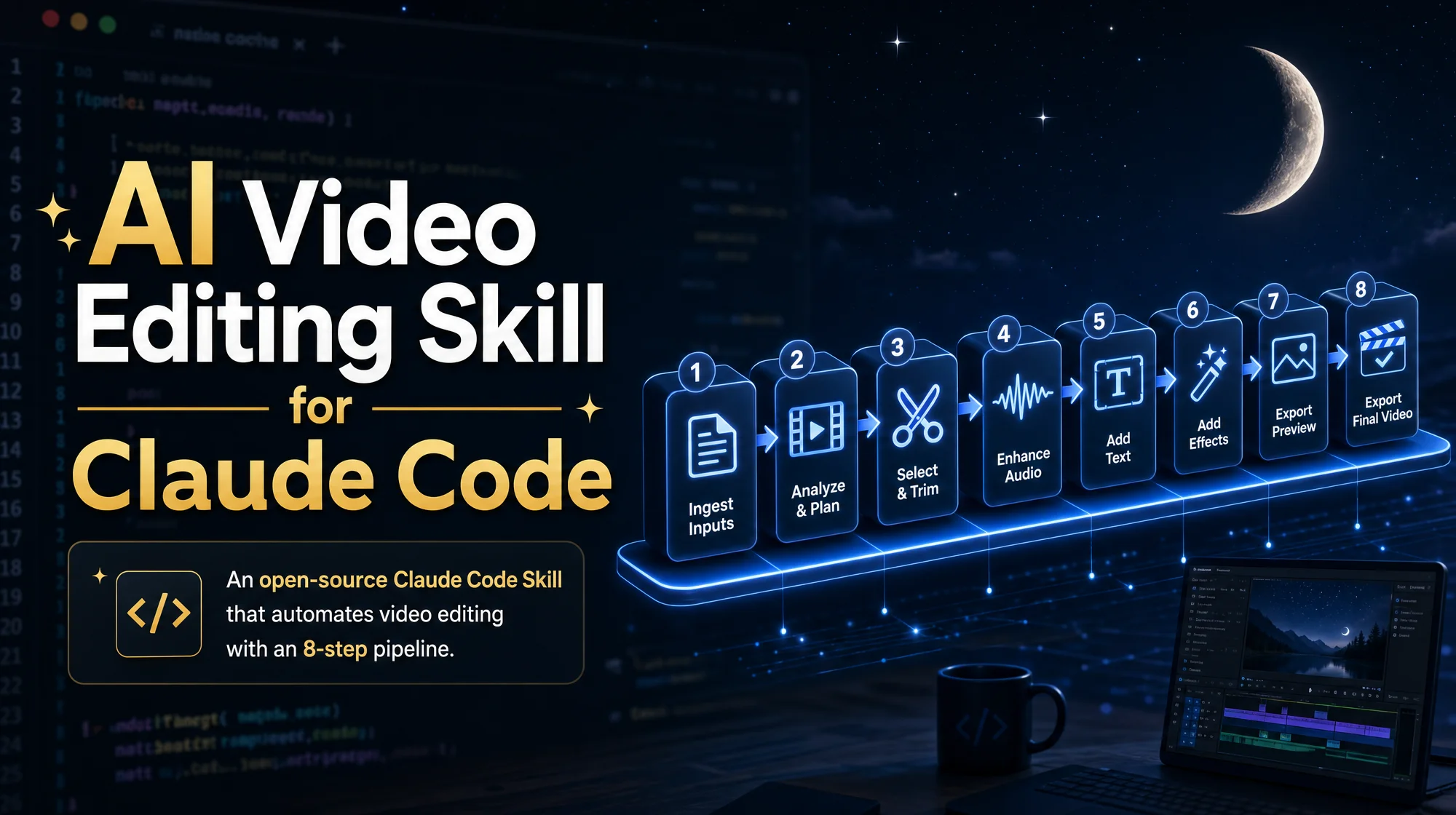 AI video editing pipeline diagram showing 8-step automation workflow for Claude Code