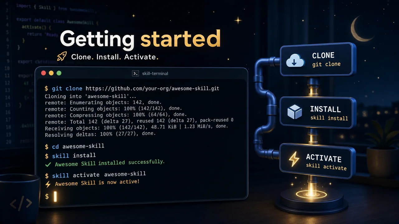 Terminal showing Claude Code Skill installation and first run