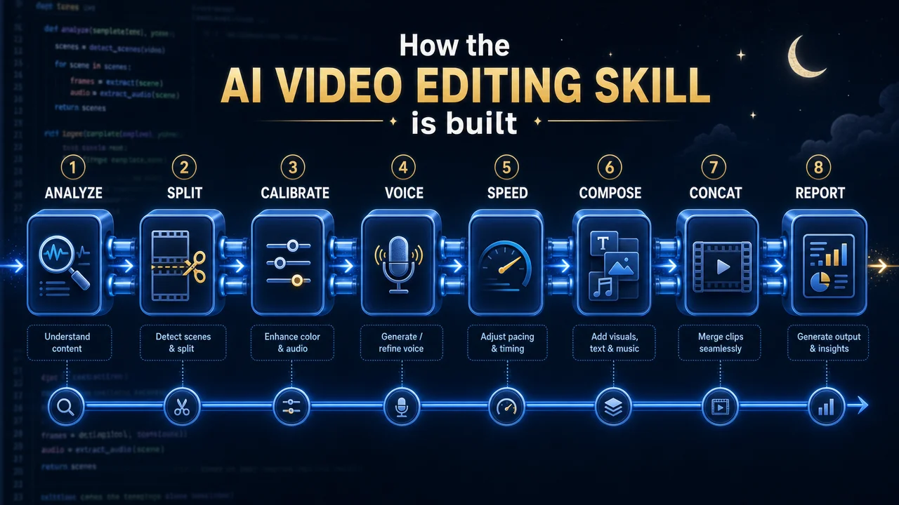 8-step video editing pipeline from analysis to final export