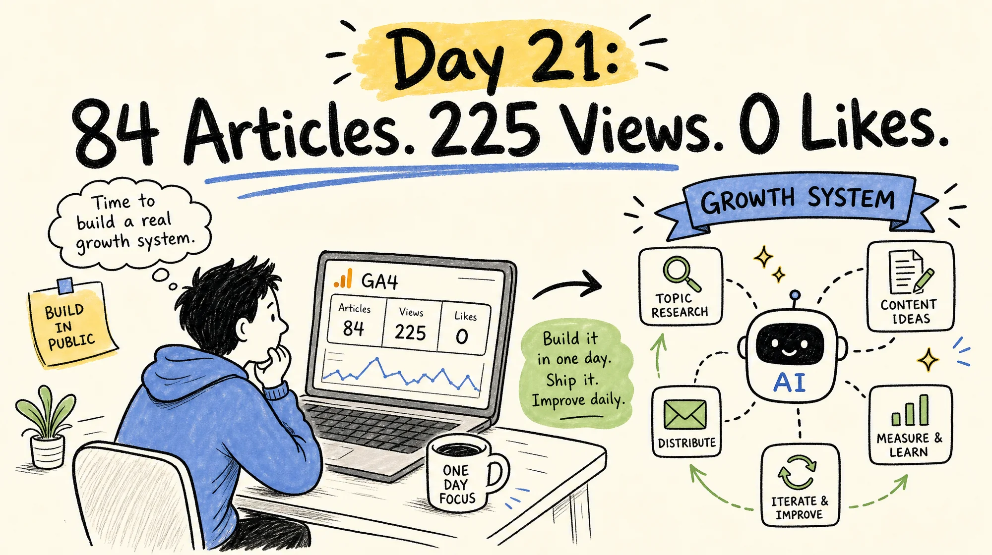 Doodle illustration of a solo builder at a desk reviewing dashboard screens showing Day 21 growth data