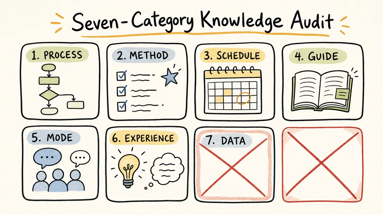 Seven-category knowledge audit framework showing blind spots in a growth system