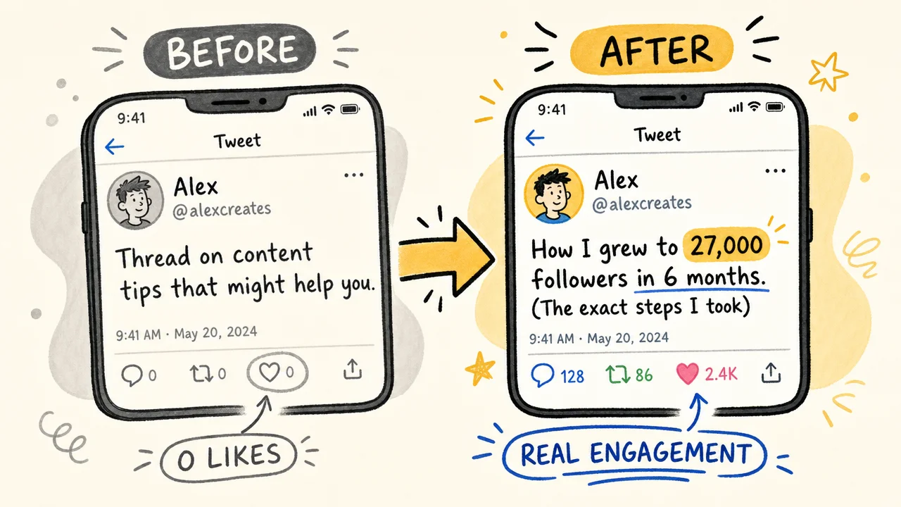 Before and after comparison of tweet formulas — opinion-first versus result-first