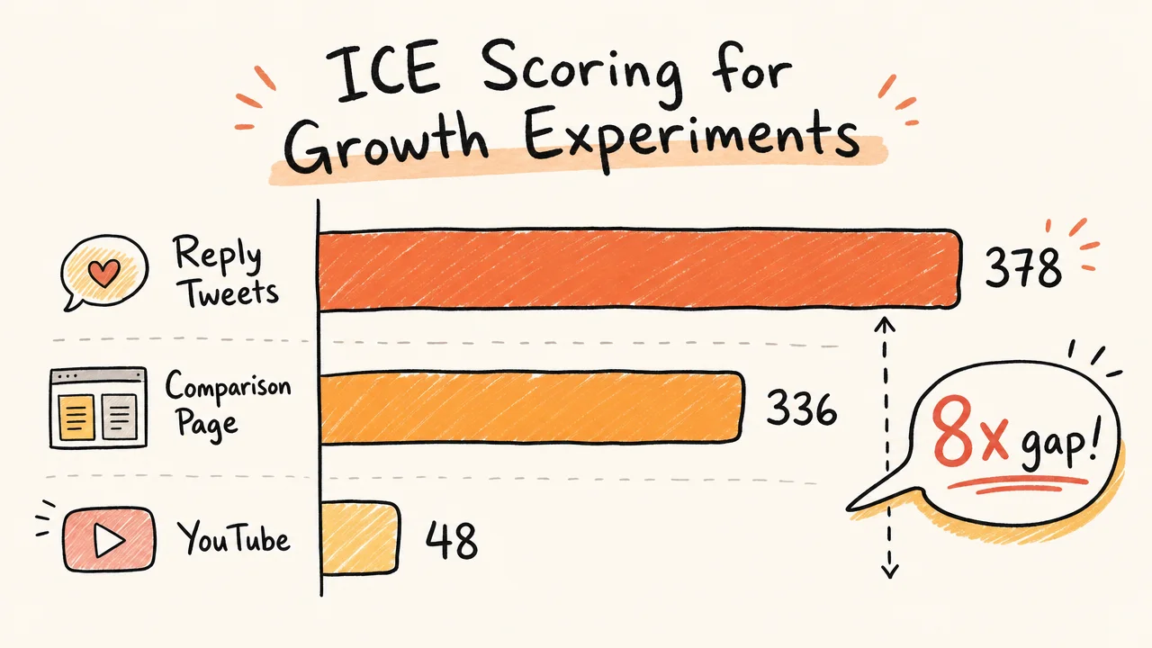 ICE scoring comparison showing an 8x gap between tweet replies and YouTube channel launch