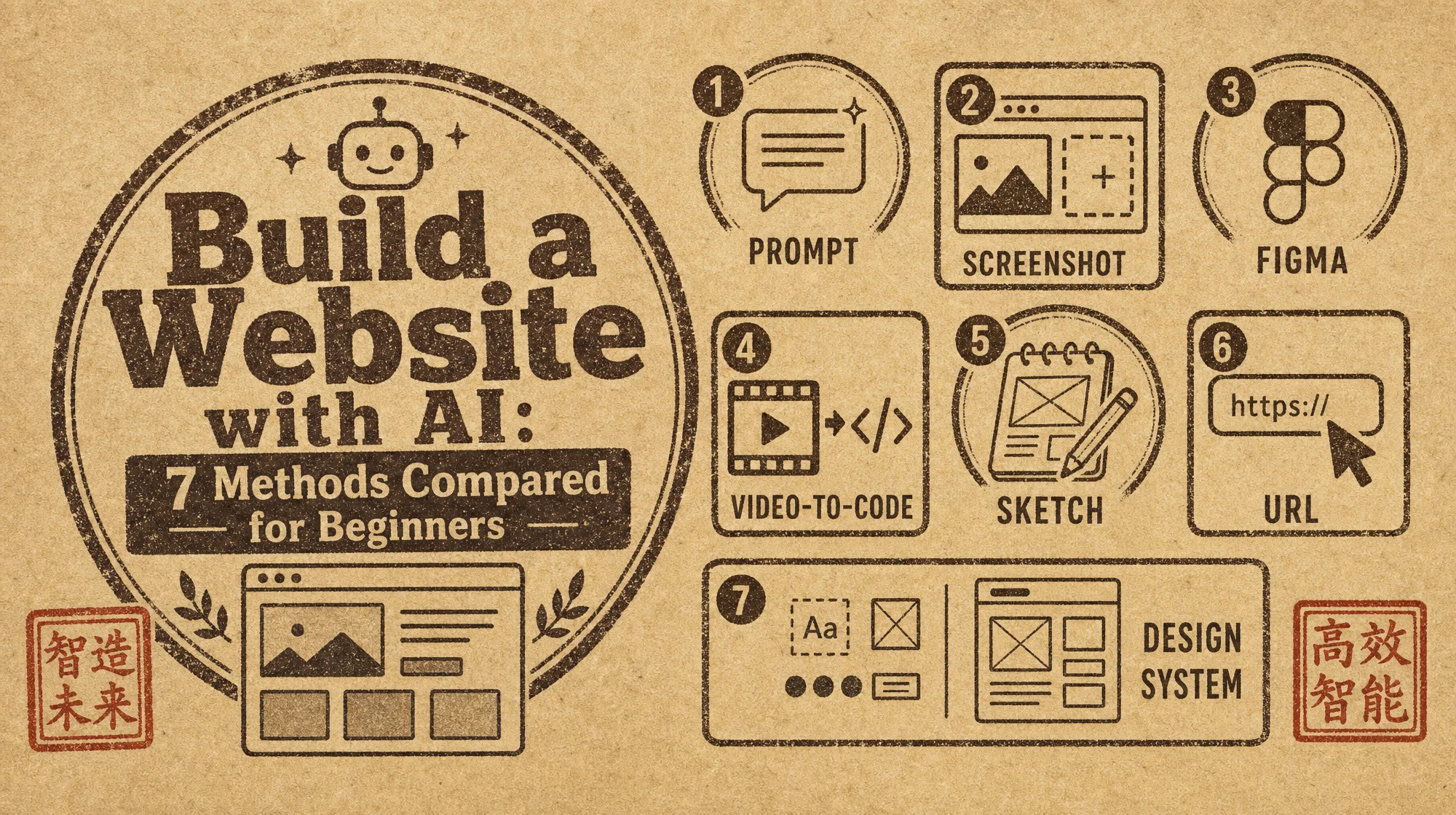 Comparison of seven AI methods to build a website — prompt, screenshot, Figma, video, sketch, URL, and design system inputs