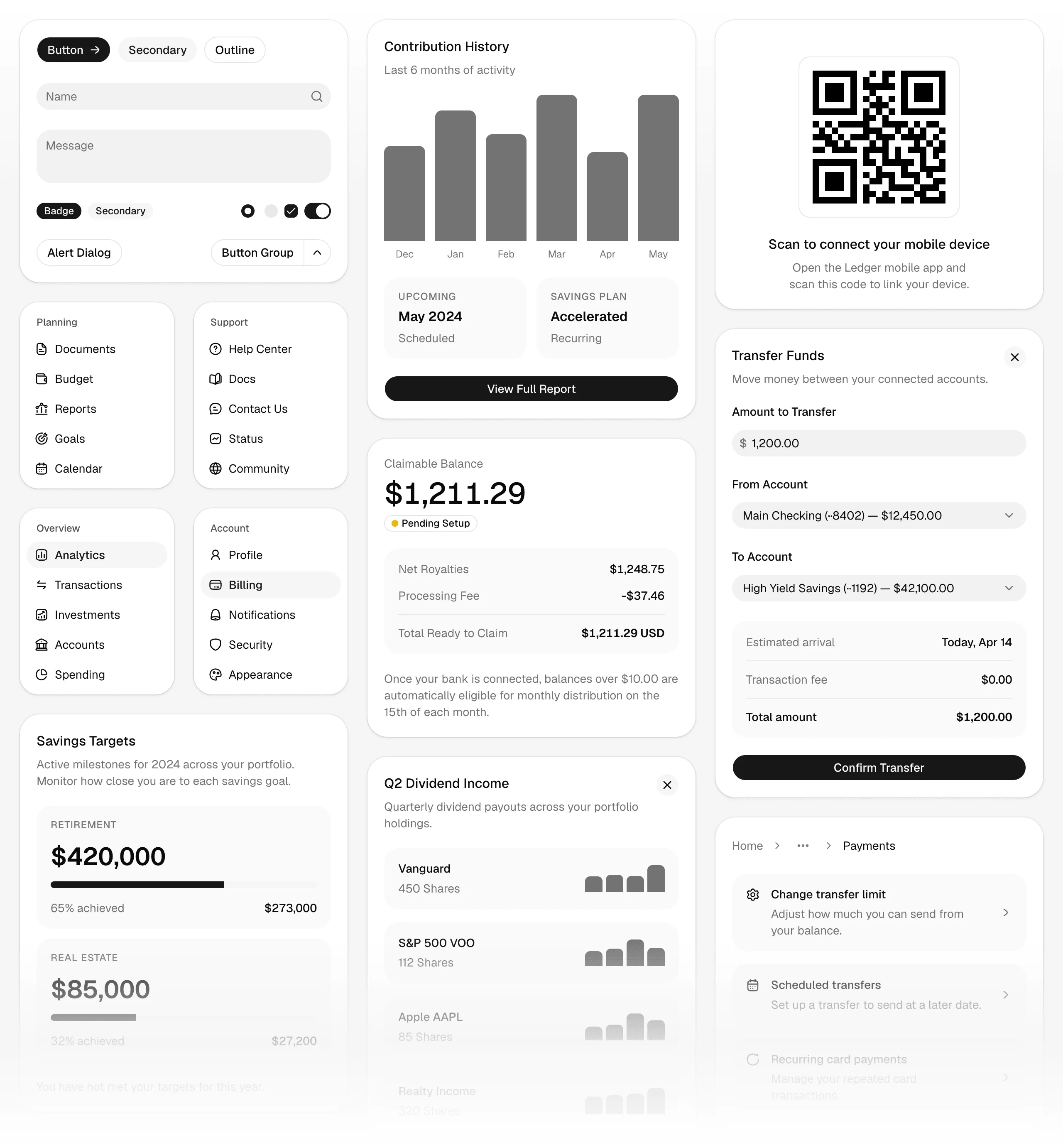 shadcn/ui dashboard blocks — a production-grade design system of reusable components for analytics, chat, settings, and finance, showing what AI generates inside when given fixed constraints