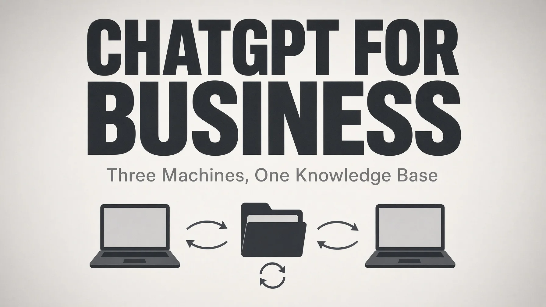 Three laptops sharing one knowledge base folder without a cloud service, illustrating ChatGPT for business file sync