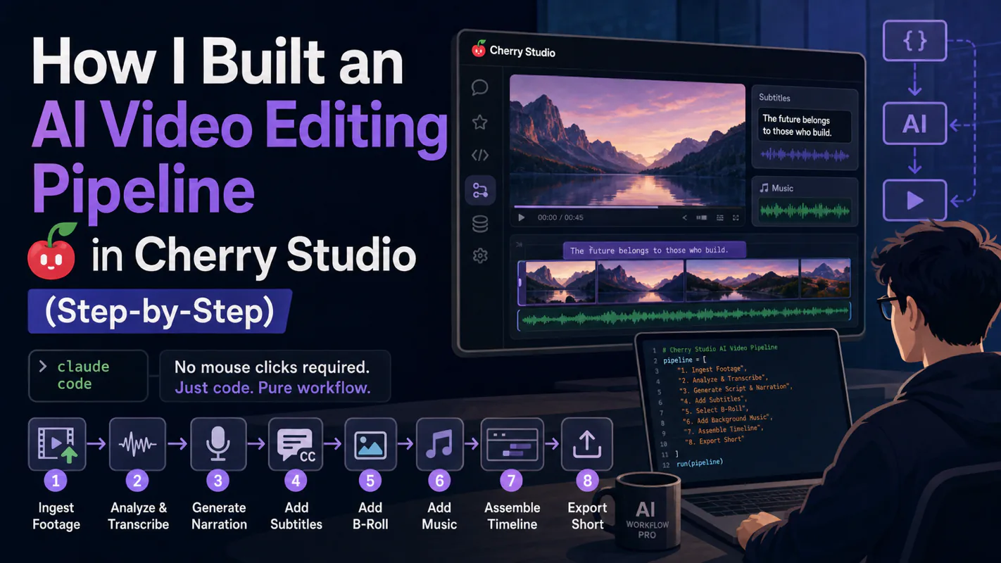Cherry Studio desktop GUI running Claude Code for AI video editing, illustrated for AI Workflow Pro readers