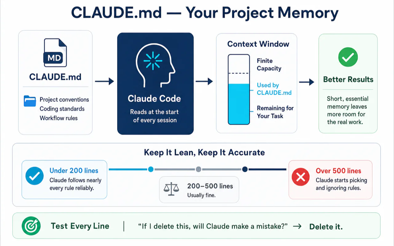 CLAUDE.md — Your Project Memory technical diagram for Claude Code Best Practices: The Six Modules That Actually Matter