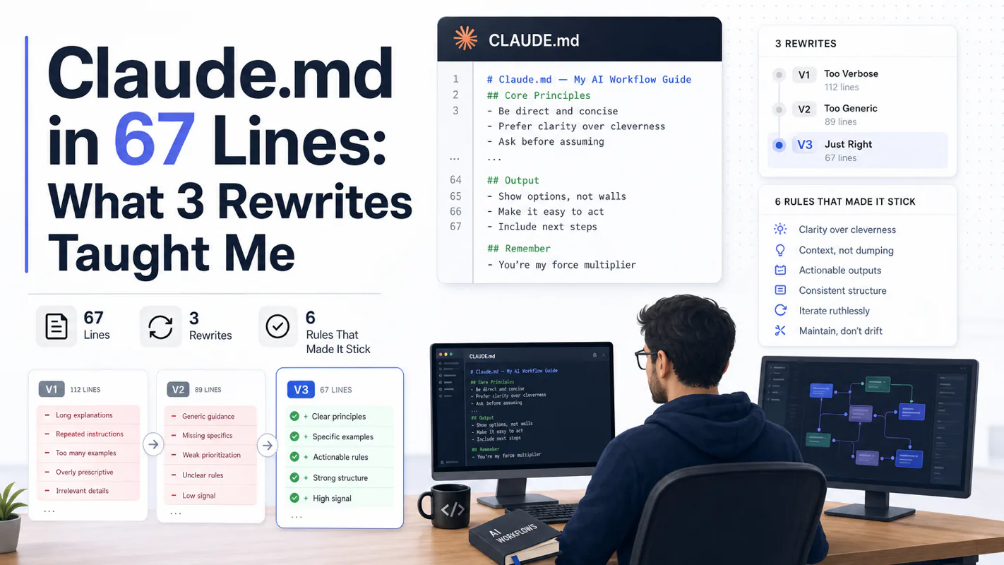 Claude.md in 67 Lines: What 3 Rewrites Taught Me technical illustration for AI Workflow Pro readers