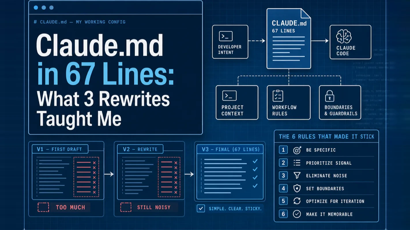 Claude.md in 67 Lines: What 3 Rewrites Taught Me technical illustration for AI Workflow Pro readers